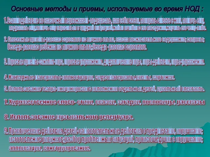 Основные методы и приемы, используемые во время НОД : 1 .Взаимодействие со сказочным