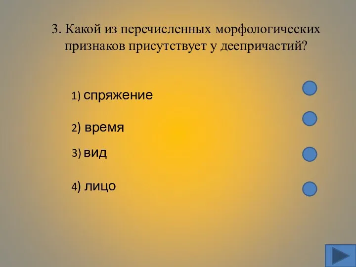 3. Какой из перечисленных морфологических признаков присутствует у деепричастий? 2)