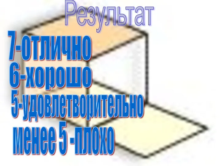 Результат 7-отлично 6-хорошо 5-удовлетворительно менее 5 -плохо