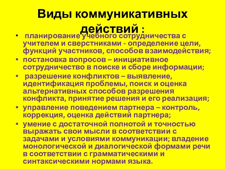 Виды коммуникативных действий : планирование учебного сотрудничества с учителем и