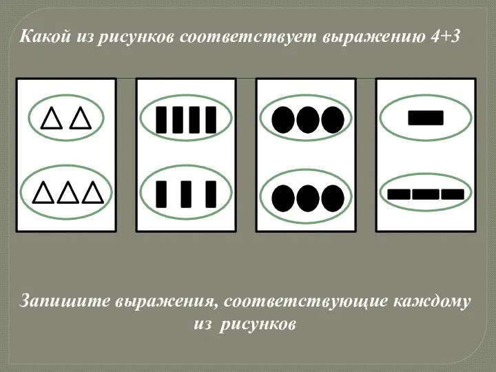 Какой из рисунков соответствует выражению 4+3 Запишите выражения, соответствующие каждому из рисунков