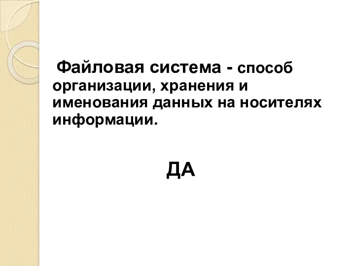 Файловая система - способ организации, хранения и именования данных на носителях информации. ДА