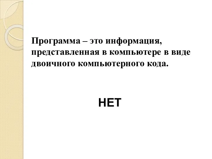 Программа – это информация, представленная в компьютере в виде двоичного компьютерного кода. НЕТ