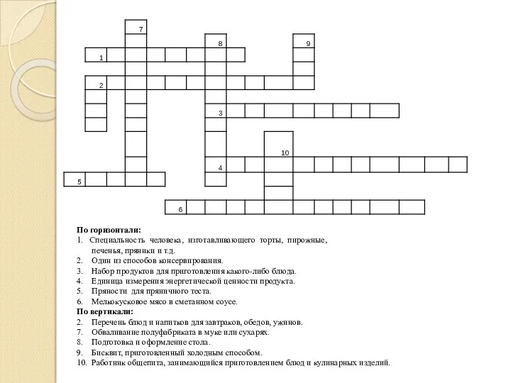 По горизонтали: 1. Специальность человека, изготавливающего торты, пирожные, печенья, пряники