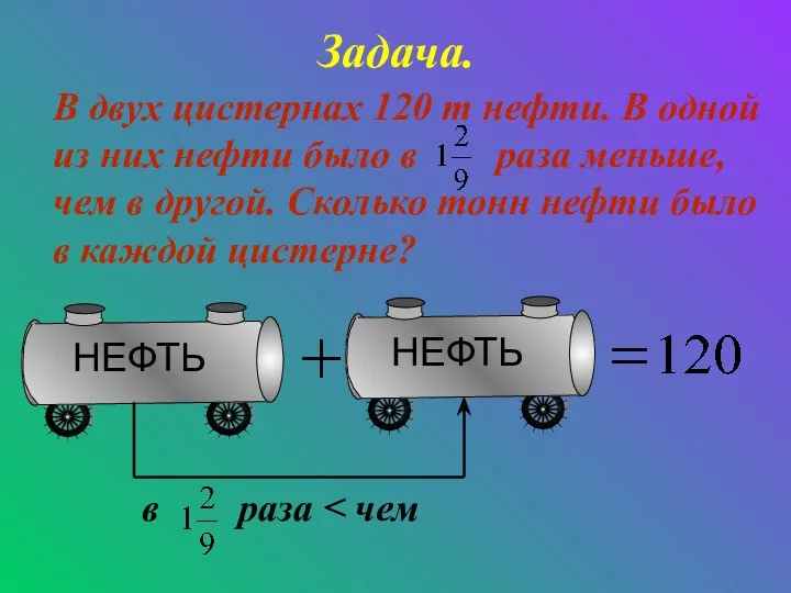 Задача. В двух цистернах 120 т нефти. В одной из них нефти было