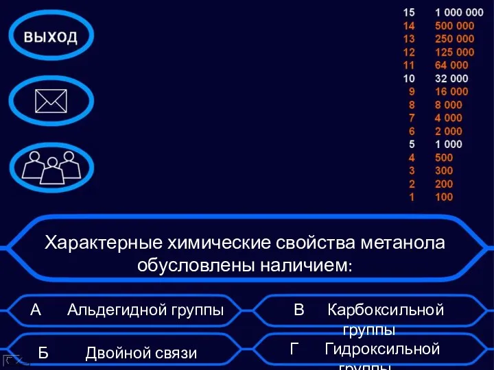 Характерные химические свойства метанола обусловлены наличием: А Альдегидной группы Б