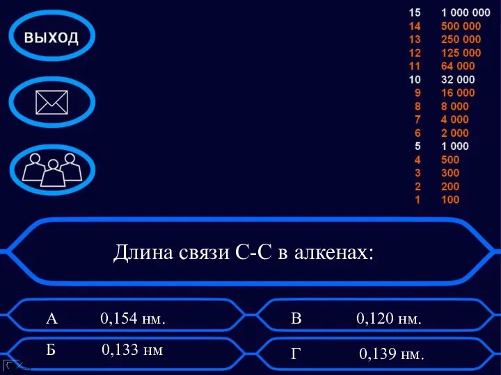 Длина связи C-C в алкенах: А 0,154 нм. В 0,120