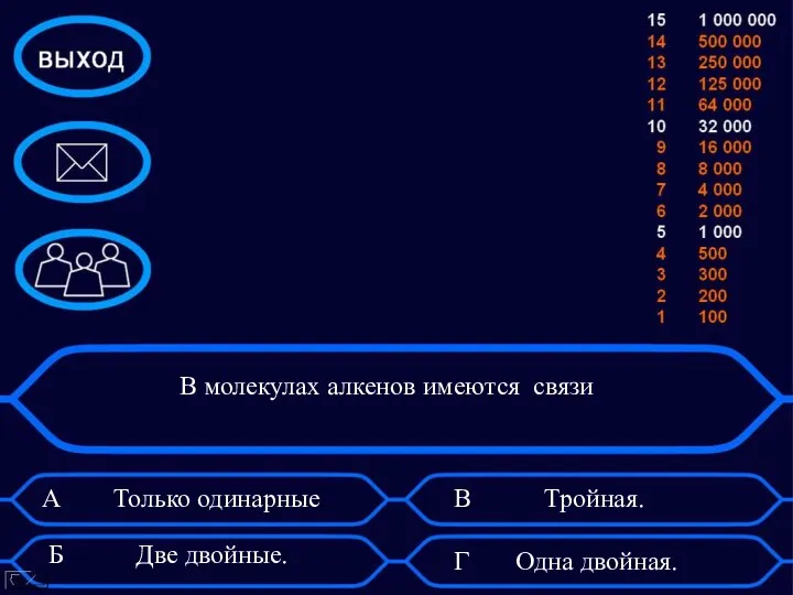 В молекулах алкенов имеются связи А Только одинарные. Б Две двойные. В Тройная. Г Одна двойная.