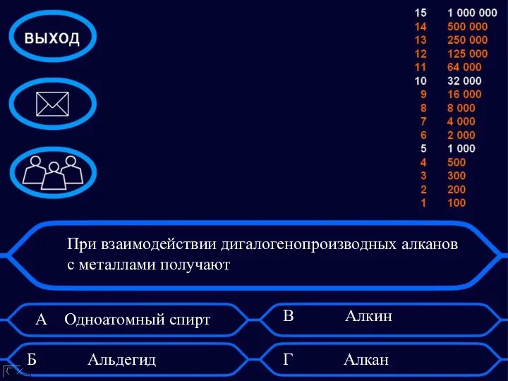 При взаимодействии дигалогенопроизводных алканов с металлами получают А Одноатомный спирт Б Альдегид В Алкин Г Алкан