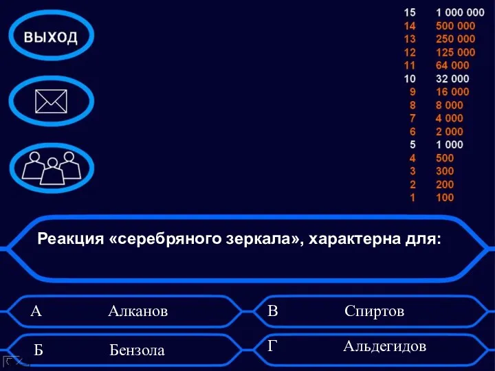 Реакция «серебряного зеркала», характерна для: А Алканов Б Бензола В Спиртов Г Альдегидов