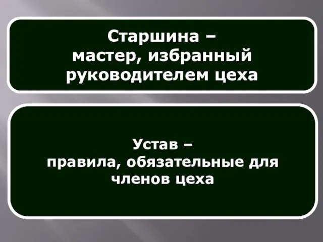 Старшина – мастер, избранный руководителем цеха Устав – правила, обязательные для членов цеха