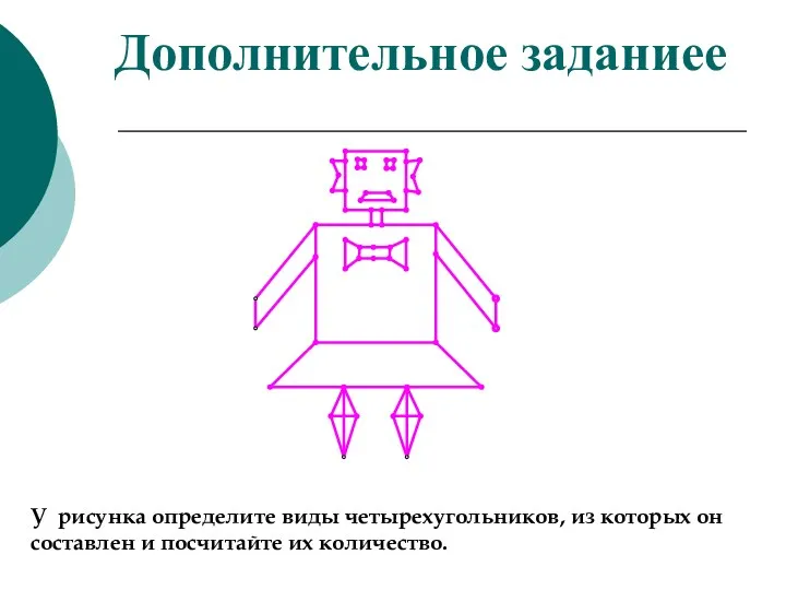 Дополнительное заданиее У рисунка определите виды четырехугольников, из которых он составлен и посчитайте их количество.