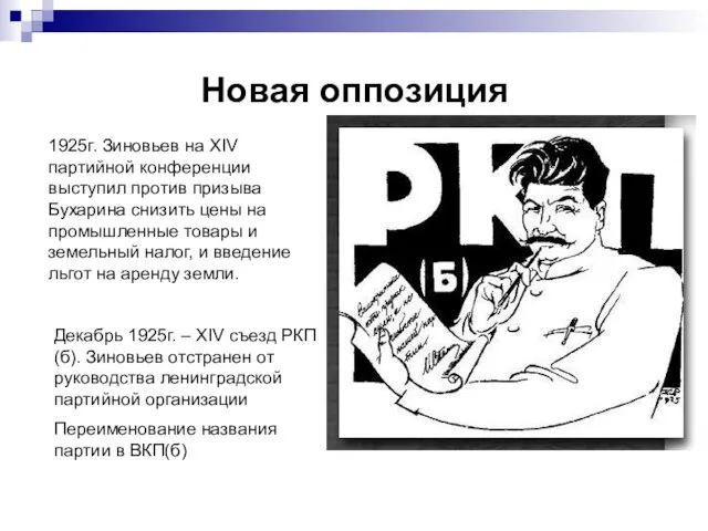 Новая оппозиция 1925г. Зиновьев на XIV партийной конференции выступил против