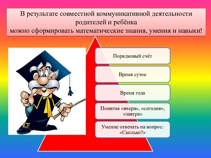 В результате совместной коммуникативной деятельности родителей и ребёнка можно сформировать математические знания, умения и навыки!