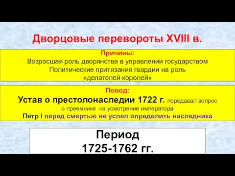 Дворцовые перевороты XVIII в. Причины: Возросшая роль дворянства в управлении