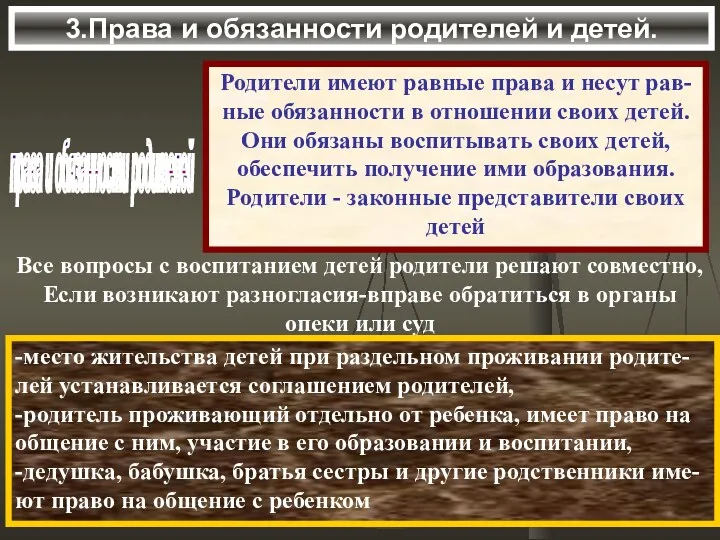 3.Права и обязанности родителей и детей. права и обязанности родителей