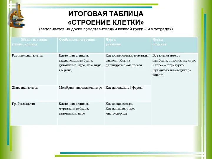 ИТОГОВАЯ ТАБЛИЦА «СТРОЕНИЕ КЛЕТКИ» (заполняется на доске представителями каждой группы и в тетрадях)