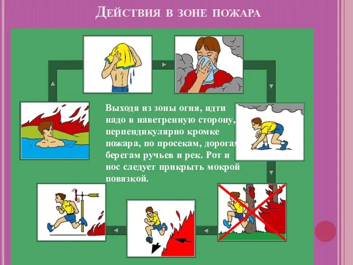 Действия в зоне пожара Выходя из зоны огня, идти надо в наветренную сторону,