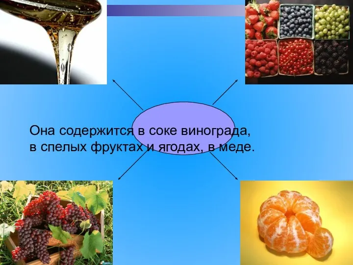 Она содержится в соке винограда, в спелых фруктах и ягодах, в меде.