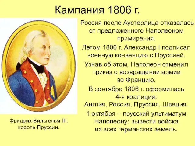 Кампания 1806 г. Россия после Аустерлица отказалась от предложенного Наполеоном