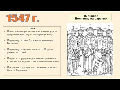 1547 г. 16 января Венчание на царство Цели Повысить авторитет