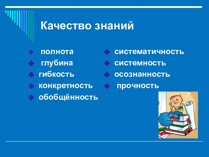 Качество знаний полнота глубина гибкость конкретность обобщённость систематичность системность осознанность прочность