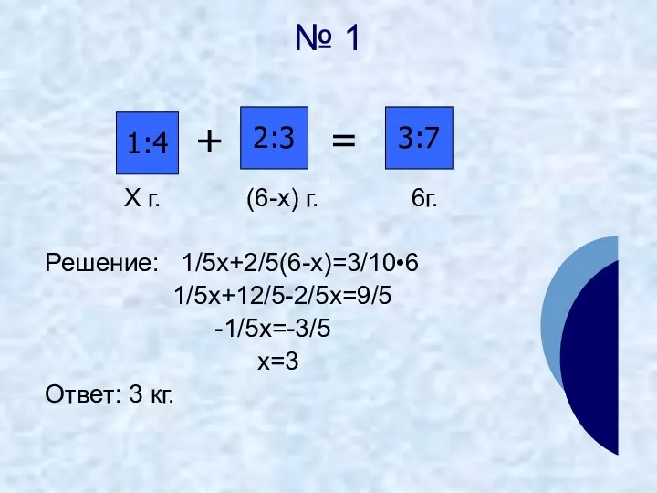 № 1 X г. (6-x) г. 6г. Решение: 1/5x+2/5(6-x)=3/10•6 1/5x+12/5-2/5x=9/5 -1/5x=-3/5 x=3 Ответ: