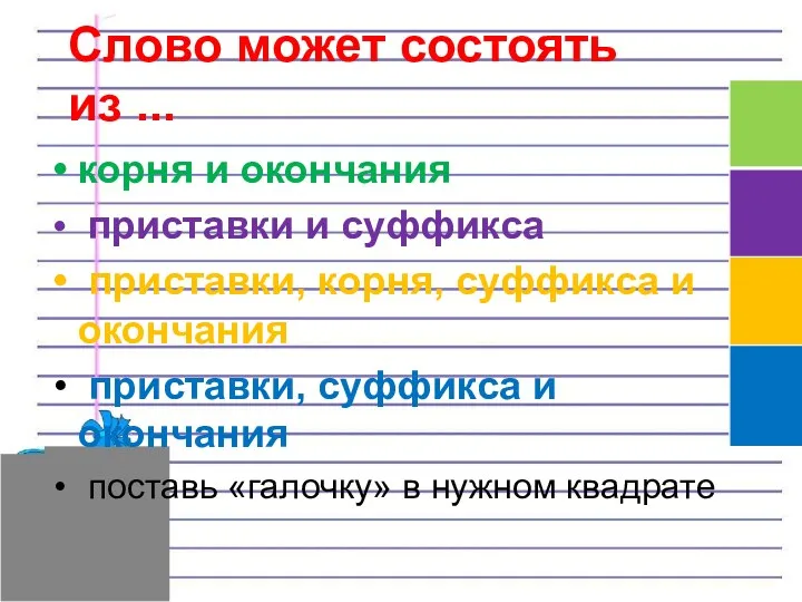 Слово может состоять из ... корня и окончания приставки и