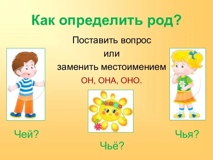 Как определить род? Поставить вопрос или заменить местоимением ОН, ОНА, ОНО. Чей? Чья? Чьё?