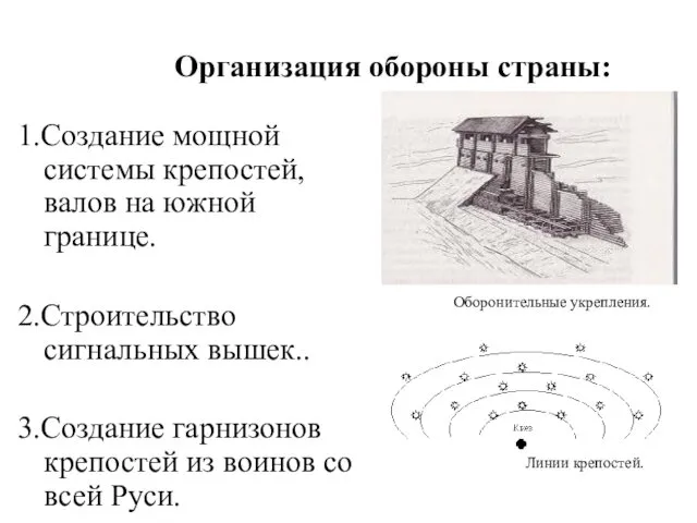 Организация обороны страны: 1.Создание мощной системы крепостей, валов на южной