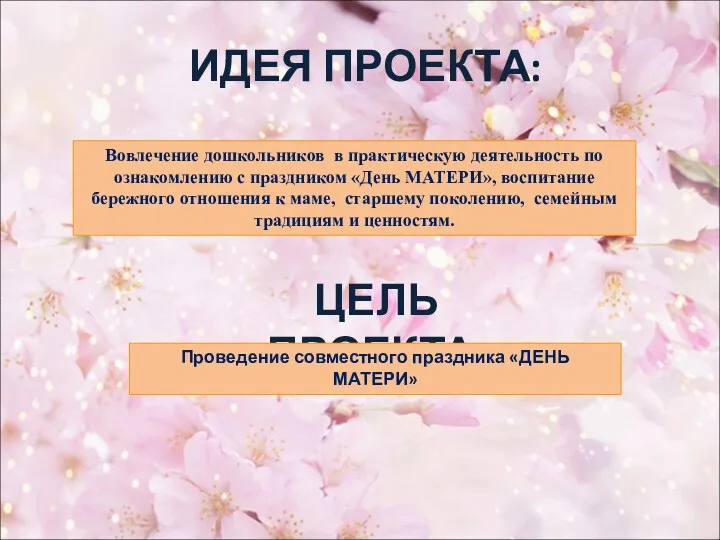 ИДЕЯ ПРОЕКТА: Вовлечение дошкольников в практическую деятельность по ознакомлению с праздником «День МАТЕРИ»,