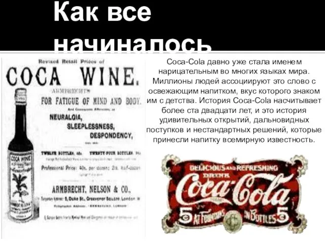 Как все начиналось Coca-Cola давно уже стала именем нарицательным во