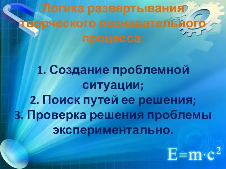 Логика развертывания творческого познавательного процесса: 1. Создание проблемной ситуации; 2.