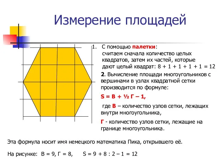 Измерение площадей 2. Вычисление площади многоугольников с вершинами в узлах квадратной сетки производится