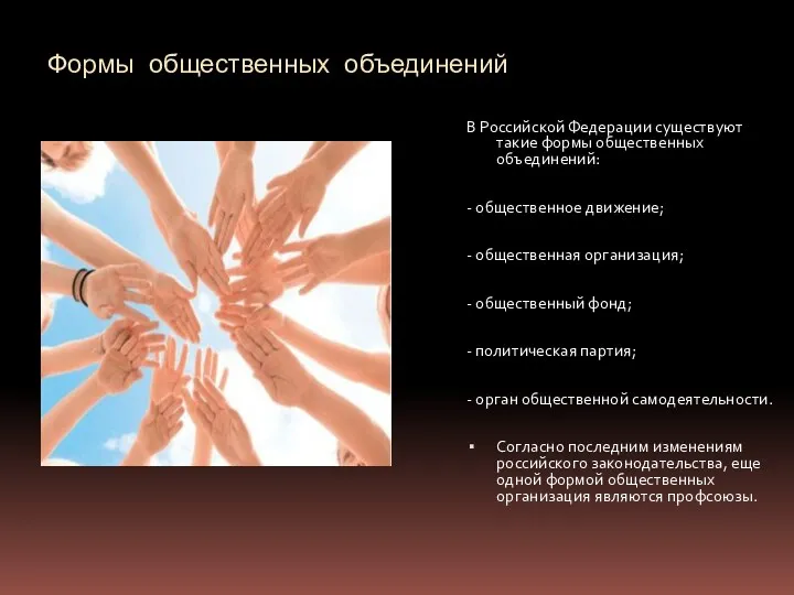 Формы общественных объединений В Российской Федерации существуют такие формы общественных