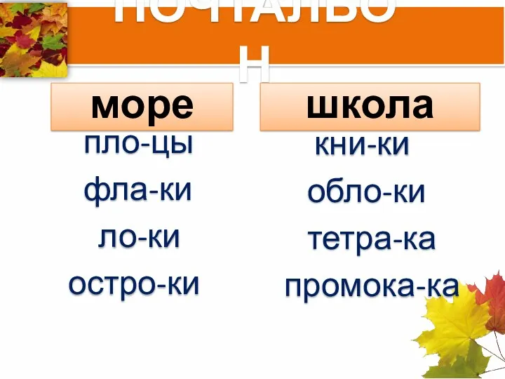 ПОЧТАЛЬОН море пло-цы фла-ки ло-ки остро-ки школа кни-ки обло-ки тетра-ка промока-ка