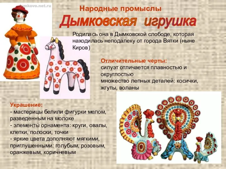 Народные промыслы Дымковская игрушка Родилась она в Дымковской слободе, которая находилась неподалеку от