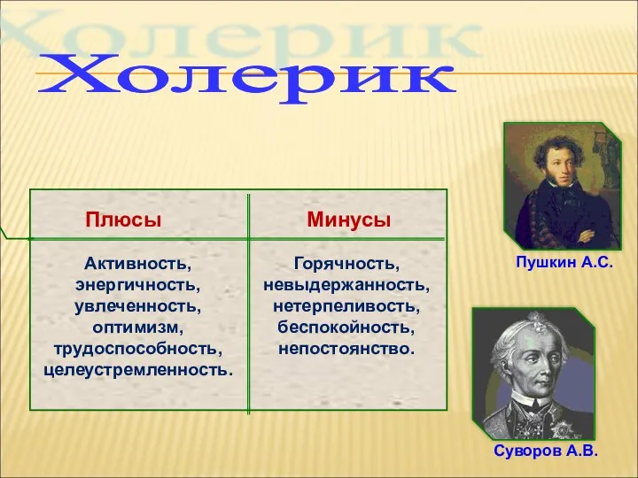 Холерик Пушкин А.С. Суворов А.В. Плюсы Минусы Активность, энергичность, увлеченность, оптимизм, трудоспособность, целеустремленность.