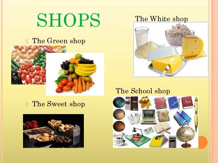 SHOPS The Green shop The Sweet shop The White shop The School shop