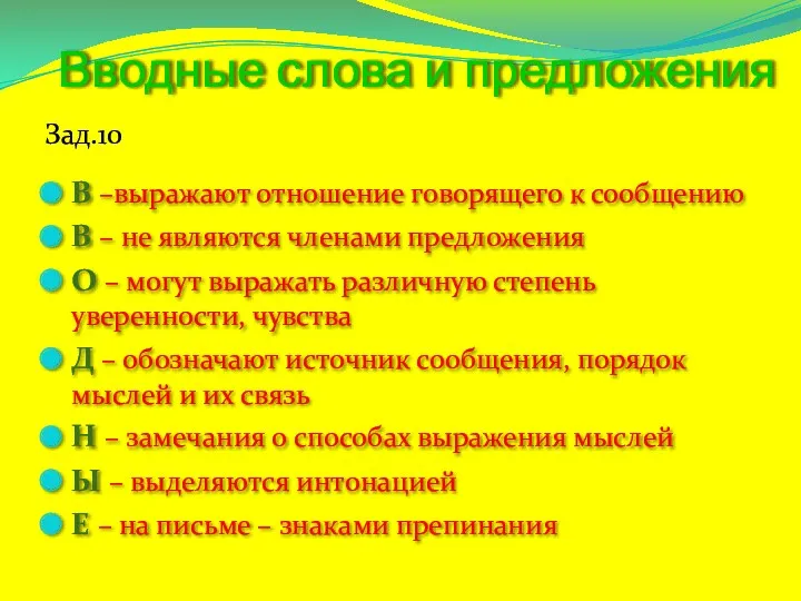 Вводные слова и предложения В –выражают отношение говорящего к сообщению