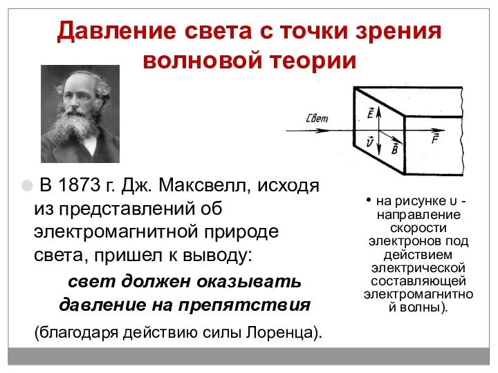 Давление света с точки зрения волновой теории В 1873 г.