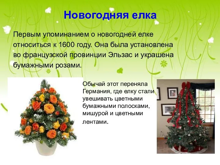 Новогодняя елка Первым упоминанием о новогодней елке относиться к 1600