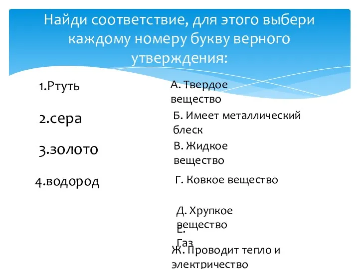 Найди соответствие, для этого выбери каждому номеру букву верного утверждения: