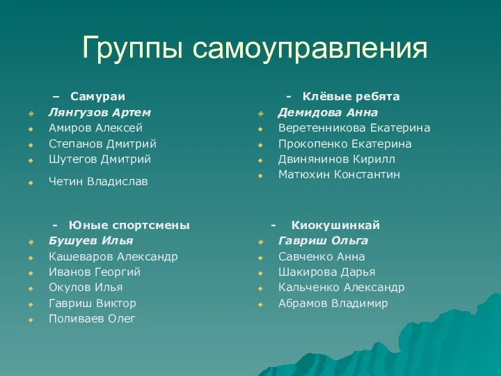 Группы самоуправления Самураи Лянгузов Артем Амиров Алексей Степанов Дмитрий Шутегов