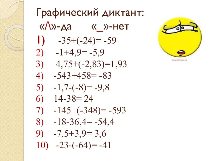Графический диктант: «/\»-да «_»-нет 1) -35+(-24)= -59 2) -1+4,9= -5,9