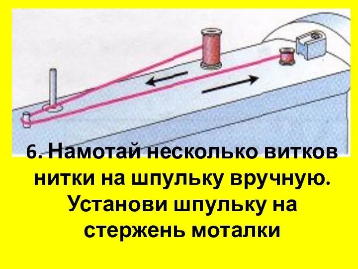 6. Намотай несколько витков нитки на шпульку вручную. Установи шпульку на стержень моталки