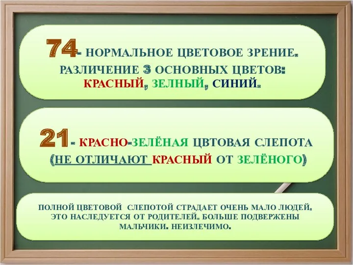 74- НОРМАЛЬНОЕ ЦВЕТОВОЕ ЗРЕНИЕ. РАЗЛИЧЕНИЕ 3 ОСНОВНЫХ ЦВЕТОВ:КРАСНЫЙ, ЗЕЛНЫЙ, СИНИЙ.