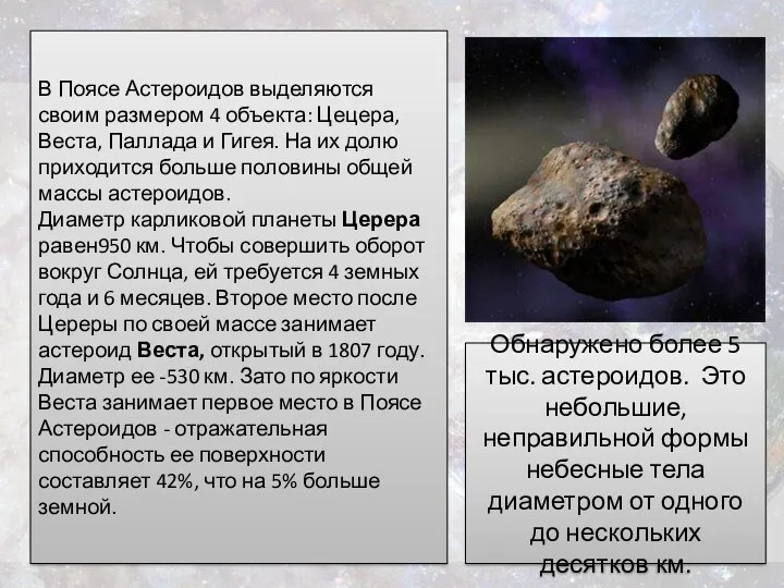 В Поясе Астероидов выделяются своим размером 4 объекта: Цецера, Веста,