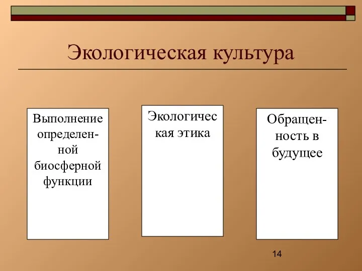 Экологическая культура Выполнение определен-ной биосферной функции Экологическая этика Обращен-ность в будущее