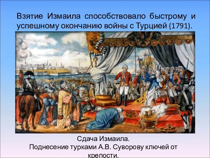 Сдача Измаила. Поднесение турками А.В. Суворову ключей от крепости. Взятие